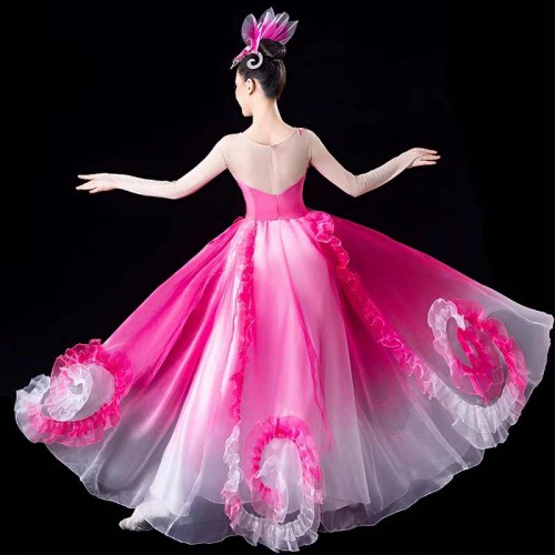 Women girls pink petals  flowers flamenco dance dresses chinese folk dance costumes paso double opening dance choir ballroom dance dress for female